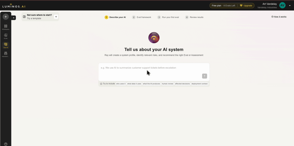 LuminosAI product demo: describe your AI, approve the eval, run it, and review the results
